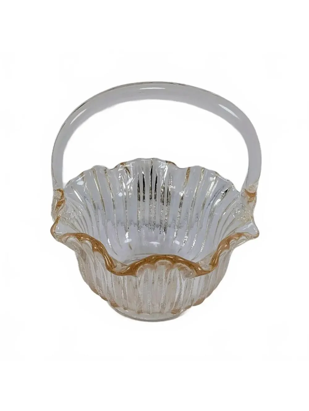 Vtg L.E. Smith Pink Ribbed Ruffled Glass Basket